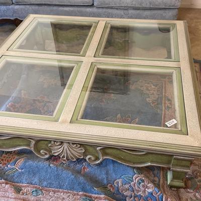 French Provincial Style Square Carved Wood Coffee Table - Glass Panels - Vintage