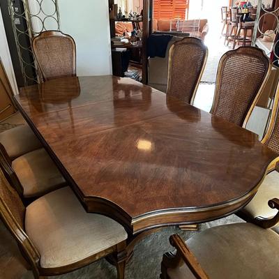 Barker Bros Pedestal Dining Table with 8 Cane-back Chairs, Vintage
