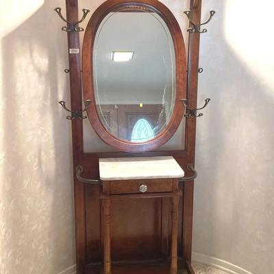 Pulaski-Style Hall Tree with Drawer and Marble Top, Vintage