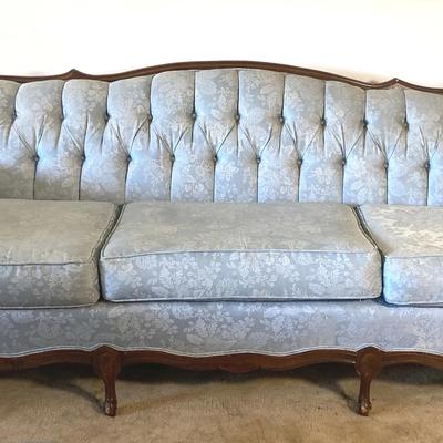MidCentury Broyhill-Style French Provincial Blue Damask Sofa, 1950s Vintage