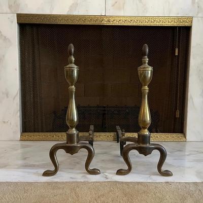 Brass Fireplace Andirons, Pair - Chippendale Claw Ball Feet Style