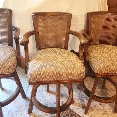 MidCentury Cane Back Solid Wood Upholstered Bar Stools, 3 Pcs