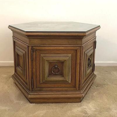MidCentury Thomasville  Double Door Hexagonal Walnut End Table with Fitted Glass Top, circa 1960s