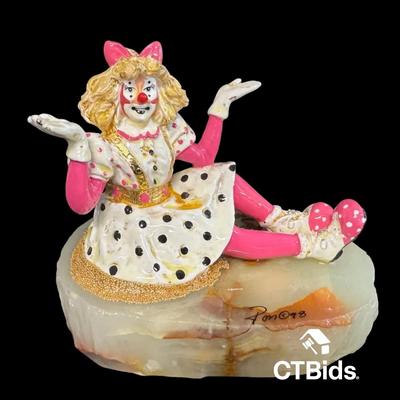 MW515  - Ron Lee 4 Inch, 1998, Clown Girl Sculpture, Onyx Base. Signed, Inscribed 