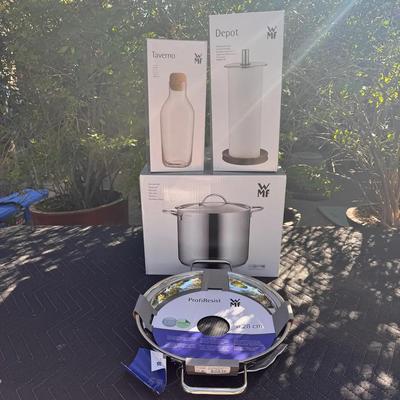 WMF ProfiResist Frying Pan 28cm + Cromargan Stock Pot + Taverno Carafe + Depot Kitchen Roll Holder S
