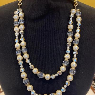 Double-strand faux pearl and crystal necklace with silver-toned beads