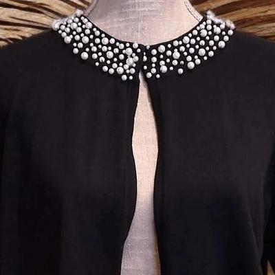Karl Lagerfeld Size L Paris Black Pearl Embellished Cropped Cardigan