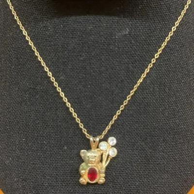 Gold-Tone Teddy Bear Necklace with Red and Clear Rhinestones ????✨