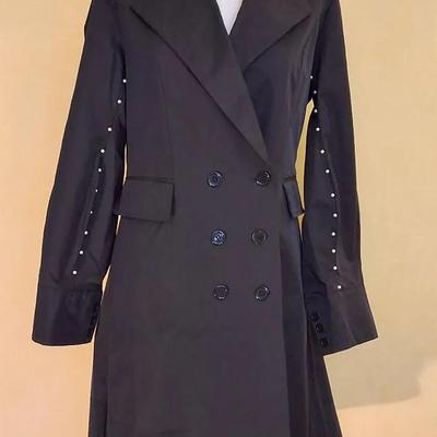 Koandaily Black Double-Breasted Trench Coat with Studded Sleeves, Size Large