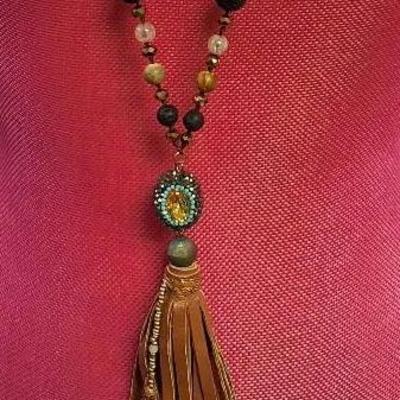 Boho Beaded Necklace with Gemstone Pendant and Leather Tassel