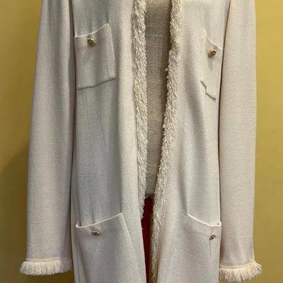 St. John Collection Cream Knit Fringe Trim Coat – Size 14