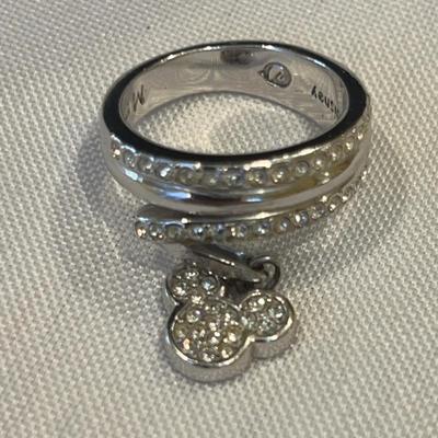 Silver-toned ring with a Mickey Mouse charm and cubic zirconia