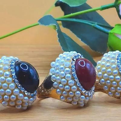 Set of 3 Pearl and Gemstone Statement Rings – Green, Red & Black