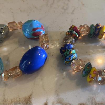 Lot of 2 Colorful Art Glass Bead Stretch Bracelets