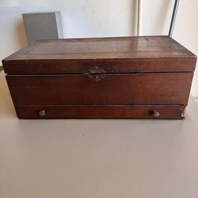 Antique Wooden Sewing Box Chest w/ Vintage Sewing Supplies