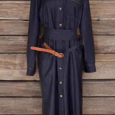 Lafayette 148 New York Dark Denim Wool-Blend Belted Shirt Dress, Size Large