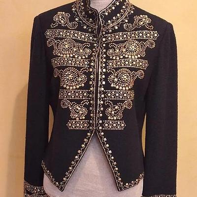 St. John Evening Embellished Wool Blend Jacket Size 10 – Black and Gold Beaded