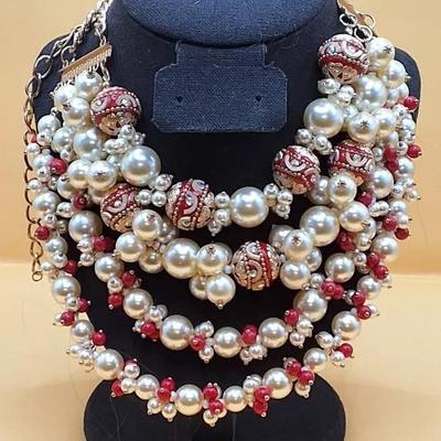 4-Layer Pearl and Red Bead Statement Necklace