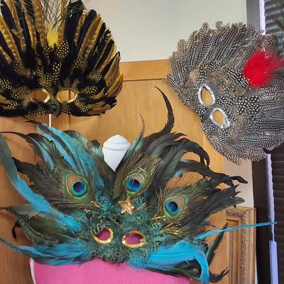 Set of 3 Feather Masquerade Masks – Peacock, Gold & Red Accents