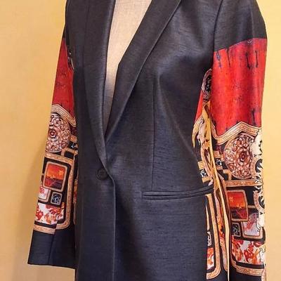 Piccione•Piccione Size 8 Charcoal Blazer with Ornate Baroque Print Sleeves