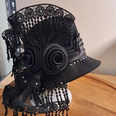 Mr. Hi’s Classic Black Hat with Lace and Rosette Accents