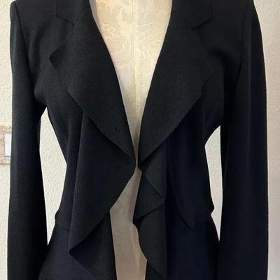 St. John “Caviar” Black Knit Ruffle Front Jacket – Size 10