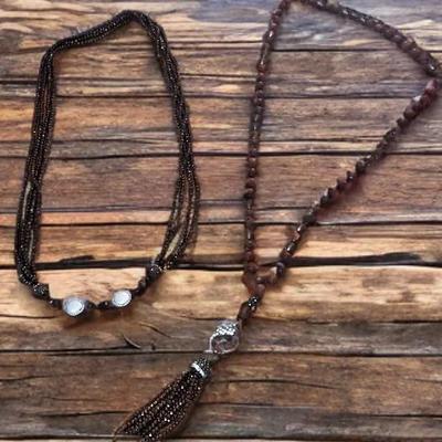 Elegant Brown Beaded Statement Necklaces – Set of 2 with Tassel and Pearl Accents