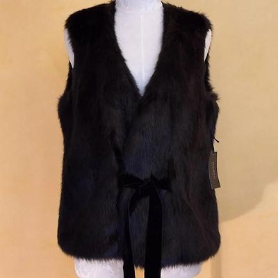 NWT Worth New York Black Faux Fur Vest with Velvet Tie, Size Large
