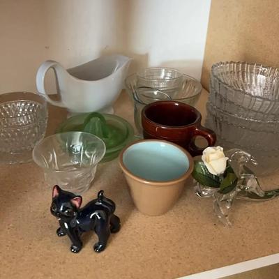 Mixed Vintage Glassware - USA Glass Bowls, Gravy Boat, Glass Flower, Cat Figure