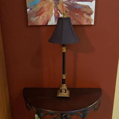 Abstract Wildflower Framed Painting with Dark Wood End Hall Table And Gold Lamp