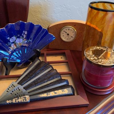 Colbalt Blue Fan Trinket Dish, Folded Hand Fan, Wooden Clock, Amber Vase, Candle, Collage Frame