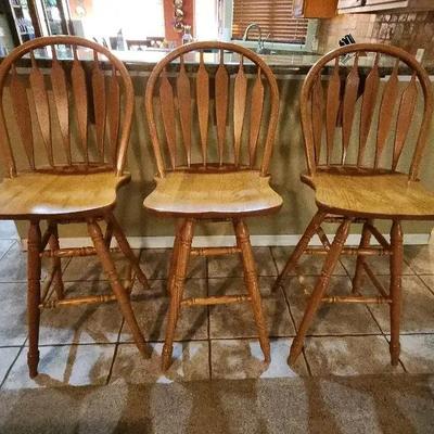 Set Of (3) Wooden Barstools - Light Wood, In Great Condition, Swivel, 29" Seat Height 