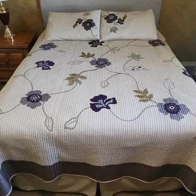 Like New! Complete Queen Bed & Cream Fabric Headboard - Frame, Mattresses, Box Spring and Bedding