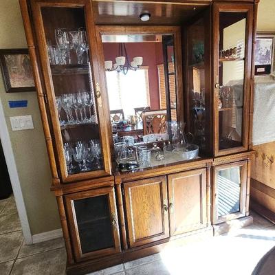 Wooden China Hutch with Built in Bar Area - Ornate Design & Mirror On Back - 3 Sections - Lights Up