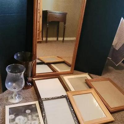 Wall Mirror With Light Wood Frame Includes (6) Frames, (2) Vases