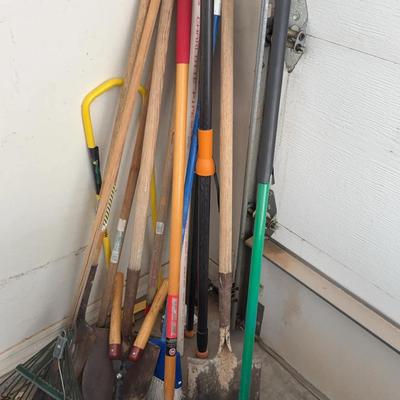 Assorted Garage & Yard Tools - Shovels, Brooms, Rake, Clippers, Hedge Trimmer