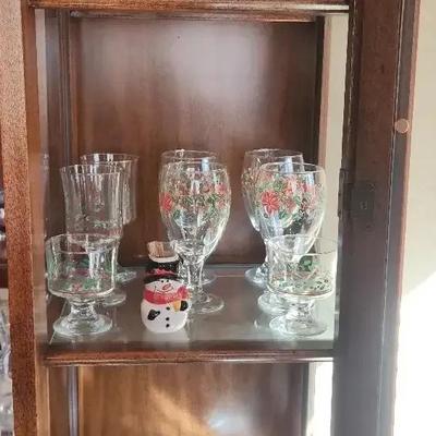 Holiday Christmas Glassware, Green Wine Glasses And Poinsettia Green Glass Mugs