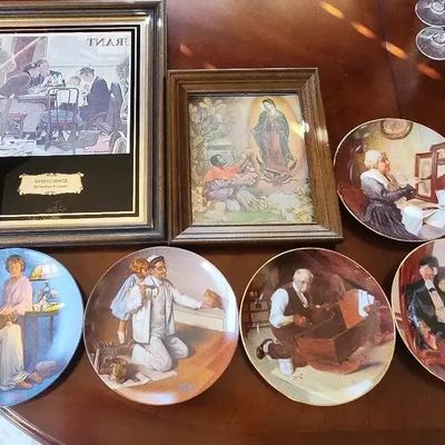 Daily Prayer Themed (2) Framed Art (3) Decorative Plates By Norman Rockwell & Wall Hangers