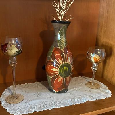 4 Piece - 2 Decorative Candle Holders With A Beautiful Vase & Crochet Accent