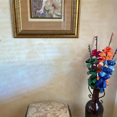 Framed Floral Painting, Standing Vase w/ Paisley Fabric Tufted Ottoman with Metal Legs