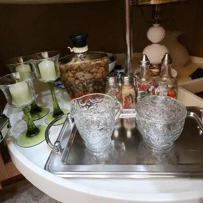 Silver Platter w/ Cut Glass Cream & Sugar, Decorative Oil Decanters, Candle Holders, Salt & Pepper 