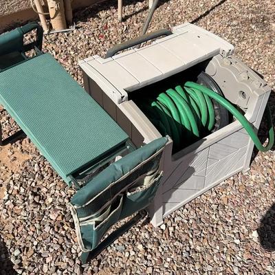 Garden Hose with Holder, And Small Sitting Gardening Bench