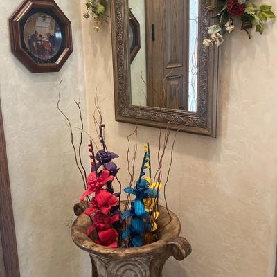 Hallway Mirror And Oversized Ornate Vase With A Framed Plate Of A Norman Rockwell Scene