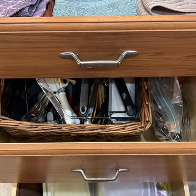 3 Drawers Of Kitchen - Towels, Utensils & Pyrex Tupperware Containers
