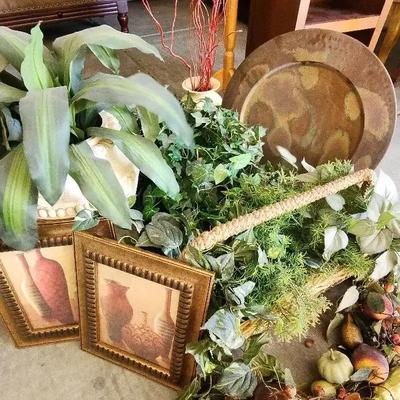 Pretty Decor - Large Copper Color Plate, Pretty Vase, Plant Pot, Prints, Faux Greenery, Fruited Swag