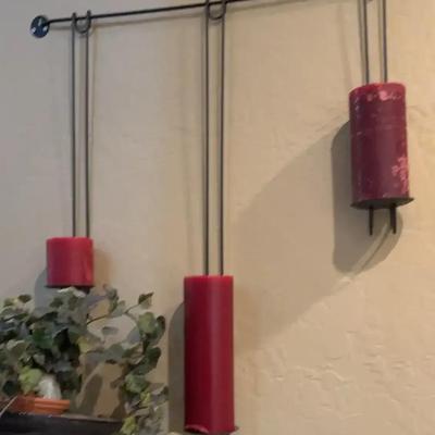 Metal Hanging Candler Holder with 3 Red Pillar Candles + Ornate Wall Shelf w/ Greenery