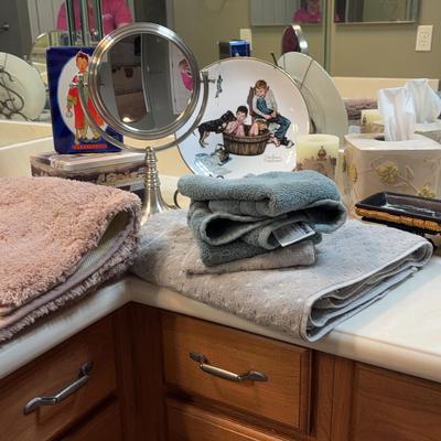 Norman Rockwell Plate & Tins, Magnifying Mirror, Tissue & Soap Holder, Candles, Towels & Rug