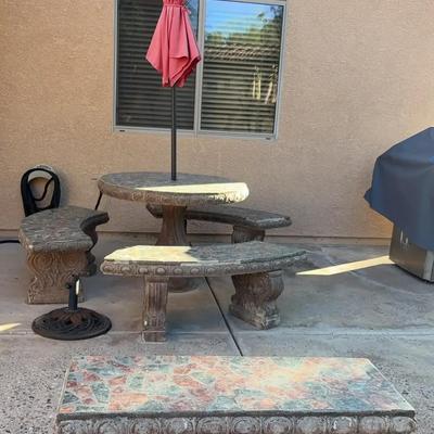 ONLY BID IF YOU CAN HAUL Concrete & Mosaic Stone Patio Set - Table & 3 Curved Benches + Extra Bench 