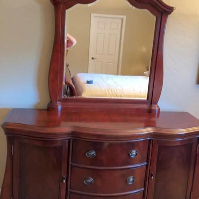 Ornate Long Mahogany Inlay Dresser with Attached Mirror - Drawers and Cupboards