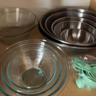 Baking Set - Pyrex Glass Bowls, Royal Durasteel Bowls, Vintage Green Tupperware Measuring Cups Spoon